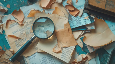 A vintage scene featuring a magnifying glass resting on a pile of old papers. The worn documents create a textured background, suggesting exploration and investigation.の素材