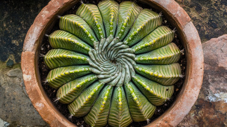 Beautiful succulent plant in pot displaying a stunning spiral pattern of green leaves with intricate textures, perfect for gardening enthusiasts and home decor lovers.の素材
