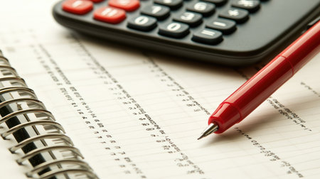 A close-up view of a calculator, pen, and accounting paper on a desk. This image represents finance management, data analysis, and office work.の素材