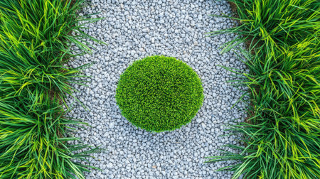 A stunning overhead view showcasing a round green plant centerpiece surrounded by smooth gray rocks and fresh grass, perfect for promoting serenity and enhancing outdoor spaces.の素材