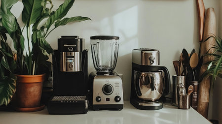 A visually appealing kitchen countertop featuring a blender, coffee maker, and grinder amidst lush plants and utensils, perfect for coffee lovers and modern home decor enthusiasts.の素材