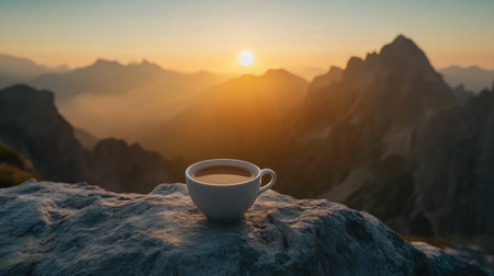 A serene scene showcasing a cup of coffee resting on a rocky surface at sunrise, surrounded by majestic mountains, evoking feelings of tranquility and adventure.の素材