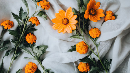 A vibrant arrangement of orange flowers set against soft fabric, creating a warm and inviting atmosphere perfect for decoration or nature-inspired projects.の素材