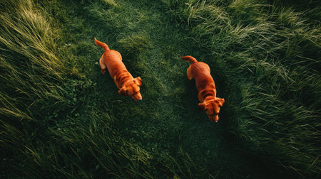 Two lively orange dogs joyfully explore a lush green field, capturing the essence of companionship and adventure in a beautiful natural setting.の素材