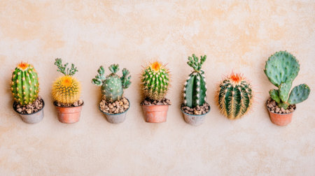 A stunning display of colorful cacti arranged in small pots against a soft textured wall, emphasizing their unique shapes and vibrant colors for a perfect home decor idea.の素材