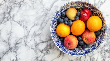 A vibrant bowl filled with fresh fruits on a marble surface, showcasing apples, oranges, blueberries, and strawberries, perfect for healthy lifestyle imagery.の素材