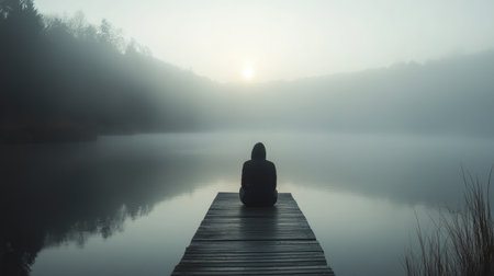 A tranquil scene depicts a figure sitting on a dock, gazing over a misty lake at sunrise. This peaceful setting evokes feelings of reflection and connection with nature.の素材