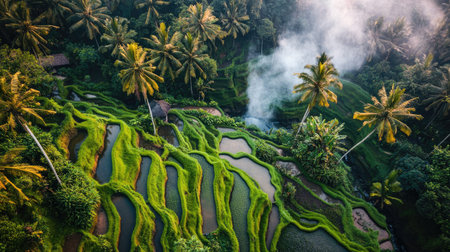A stunning aerial view of lush green rice terraces, showcasing tropical beauty and agricultural practices. The serene landscape is enveloped in morning mist.の素材