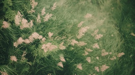 A stunning overhead view of lush green grass intertwined with soft wildflowers, capturing the tranquil essence of nature in a serene outdoor environment.の素材