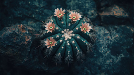 A stunning close-up of a vibrant cactus adorned with delicate pink flowers, set against a dark rocky background, showcasing the beauty of nature and tranquility.の素材