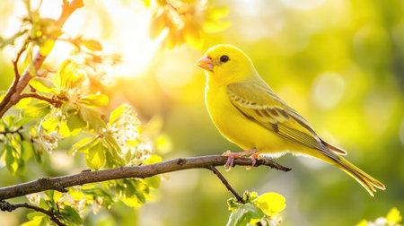 A vibrant yellow bird perched on a branch, surrounded by soft sunlight filtering through leaves, creating a peaceful and serene atmosphere in nature.の素材