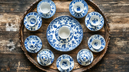 A beautifully arranged vintage blue and white porcelain tea set on a rustic wooden tray, perfect for elegant dining and traditional gatherings.の素材