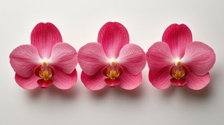 A stunning trio of vibrant pink orchids showcasing their beautiful petals against a soft, neutral background. Ideal for decor, floral designs, or nature-themed projects.の素材