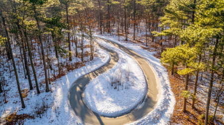 A picturesque winding road cuts through a snow-covered forest, illuminated by golden morning light, showcasing a serene winter landscape perfect for outdoor exploration.の素材