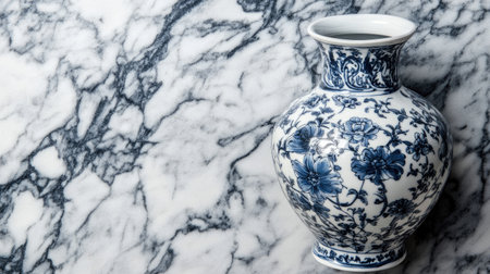 A stunning blue and white porcelain vase featuring intricate floral designs, elegantly placed against a sleek marble background, perfect for home decor.の素材
