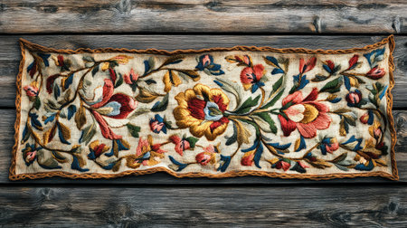 A vibrant floral embroidery showcasing intricate designs on fabric, elegantly placed against a rustic wooden background, perfect for decor inspiration.の素材