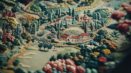 This vibrant hand-embroidered landscape artwork showcases intricate details in fabric, featuring a serene rural scene filled with color and creativity.の素材