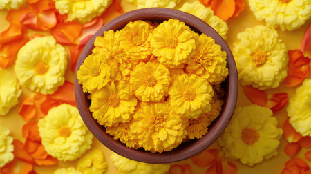 A stunning arrangement of bright yellow marigold flowers in a wooden bowl, surrounded by a colorful background. Perfect for floral decoration.の素材