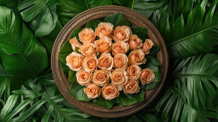 A stunning bouquet of peach roses elegantly arranged on lush green leaves, perfect for conveying love and beauty in any setting or celebration.の素材