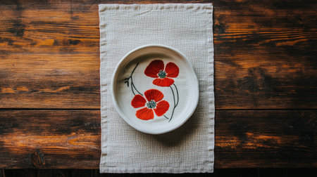 A beautiful decorative plate featuring vibrant red flowers set on a rustic wooden table, perfect for showcasing culinary delights or enhancing table decor.の素材