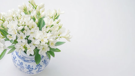 A stunning arrangement of elegant white flowers in a blue decorative vase, perfect for adding beauty and freshness to any interior space. Ideal for home decor.の素材
