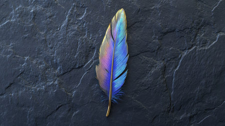 A stunning colorful feather resting on a dark slate background. This image captures the vibrant hues and intricate details, making it perfect for art and nature themes.の素材