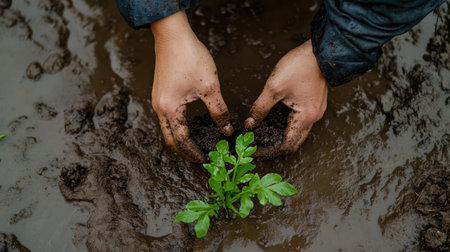 Two hands are planting a small green seedling into rich, dark soil, embodying the essence of growth and nurturing in agriculture and gardening.の素材