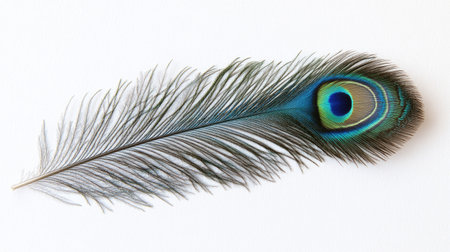 A stunning peacock feather showcasing vibrant blue and green hues on a clean white background, perfect for themes of nature, beauty, and elegance.の素材