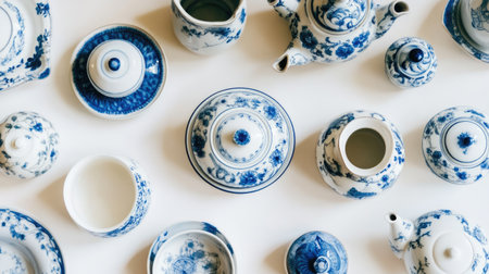A stunning overhead view of an elegant blue and white porcelain tea set, showcasing intricate designs and craftsmanship. Perfect for decor or dining.の素材