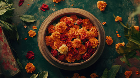 A vibrant bowl filled with marigold and rose flowers placed on a green surface. This colorful arrangement captures the essence of nature's beauty and decoration style.の素材