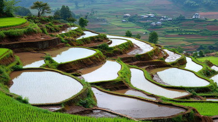 Discover the beauty of terraced rice fields, showcasing vibrant green layers and tranquil waters, nestled in a picturesque rural landscape.の素材