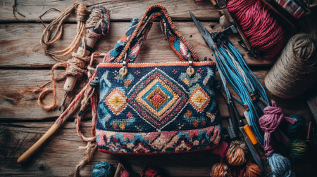 A vibrant handcrafted bag rests on a rustic wooden surface, surrounded by colorful threads and crafting tools, showcasing the artistry in handmade textiles.の素材