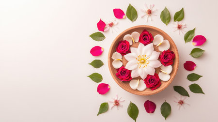 A tranquil floral arrangement featuring a white lotus flower surrounded by red and pink rose petals, leaves, and delicate blossoms, ideal for relaxation.の素材