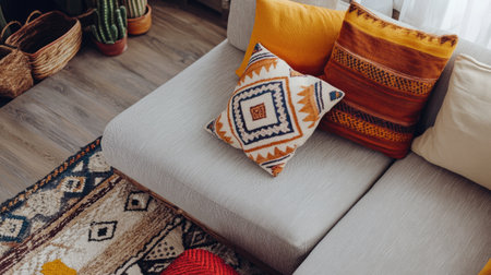 A cozy living room scene featuring a stylish couch adorned with vibrant cushions, a patterned rug, and decorative plants, creating an inviting atmosphere.の素材