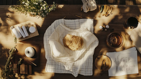 A serene crafting workspace featuring natural materials, yarn, and artistic tools. The flatlay arrangement captures creativity and warmth in a cozy setting.の素材