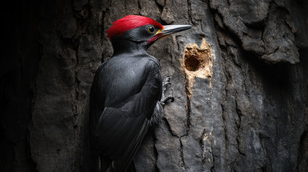 A striking red-headed woodpecker perched on textured tree bark, showcasing vibrant plumage and a small hole, highlighting its natural habitat in the wild.の素材