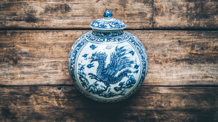 A beautiful blue and white decorative jar rests on a rustic wooden surface, showcasing intricate designs and cultural elegance, perfect for home decoration.の素材