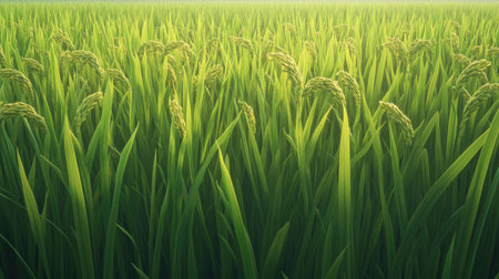 A vibrant rice field showcasing lush green plants with ripening grains. The scene captures the essence of agriculture and nature in harmony.の素材