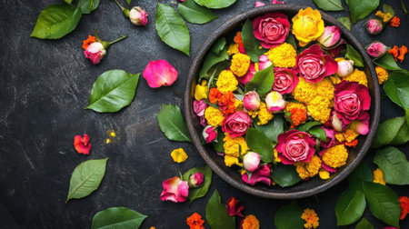 A vibrant flower arrangement in a rustic bowl, showcasing an array of colorful petals and leaves, perfect for decoration or celebration. Ideal for artistic projects.の素材
