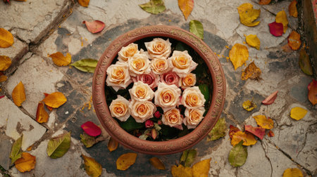 A stunning arrangement of soft orange roses in a clay pot, surrounded by colorful autumn leaves, creating a serene and beautiful scene perfect for nature lovers.の素材