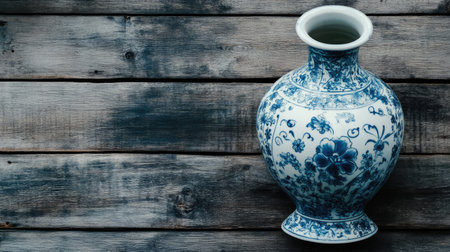 A stunning blue and white porcelain vase rests on a rustic wooden surface. This elegant piece showcases intricate floral patterns and heritage craftsmanship.の素材