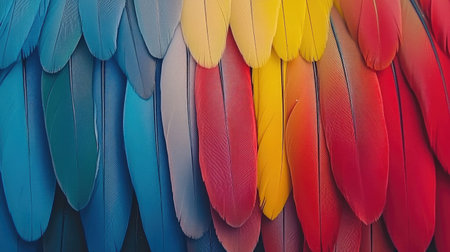 A stunning close-up of vibrant feathers showcasing a blend of blue, yellow, and red colors. This colorful texture creates a striking visual perfect for nature-themed designs.の素材