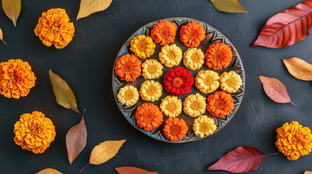 A vibrant floral arrangement featuring colorful marigolds set against a black background, enhanced with autumn leaves. Perfect for seasonal celebrations.の素材