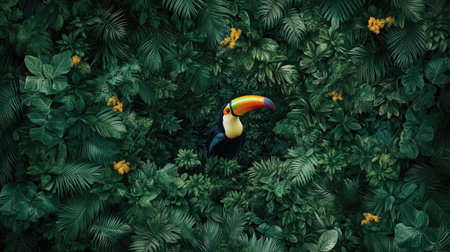A stunning toucan pops against a rich backdrop of green foliage and yellow flowers, showcasing the vibrant beauty of tropical wildlife in a natural setting.の素材