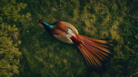 A stunning bird showcases its vibrant feathers while resting on lush grass. This outdoor scene captures the beauty and elegance of wildlife in nature.の素材