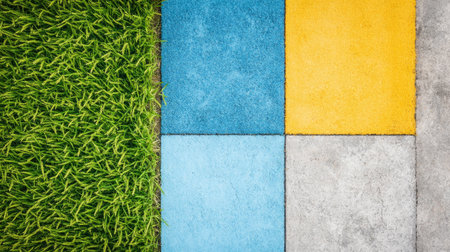 A vibrant composition featuring colorful paving stones arranged in squares alongside fresh green grass, perfect for landscaping and outdoor design projects.の素材