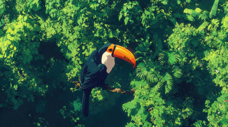 A stunning toucan rests on a branch in a vibrant jungle setting, surrounded by lush greenery. This image captures the beauty of wildlife and nature.の素材