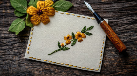 Discover a beautiful floral embroidery design on a handmade card, featuring vibrant yellow flowers and delicate stitching, perfect for personal messages.の素材