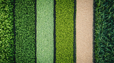 Aerial view showcasing vibrant green textures in an agricultural field. Different shades of green and brown represent diverse crops and farming practices in harmony with nature.の素材
