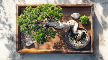 A stunning bonsai tree captures the essence of serenity in a minimalistic zen garden. Perfect for conveying tranquility and nature in design projects.の素材